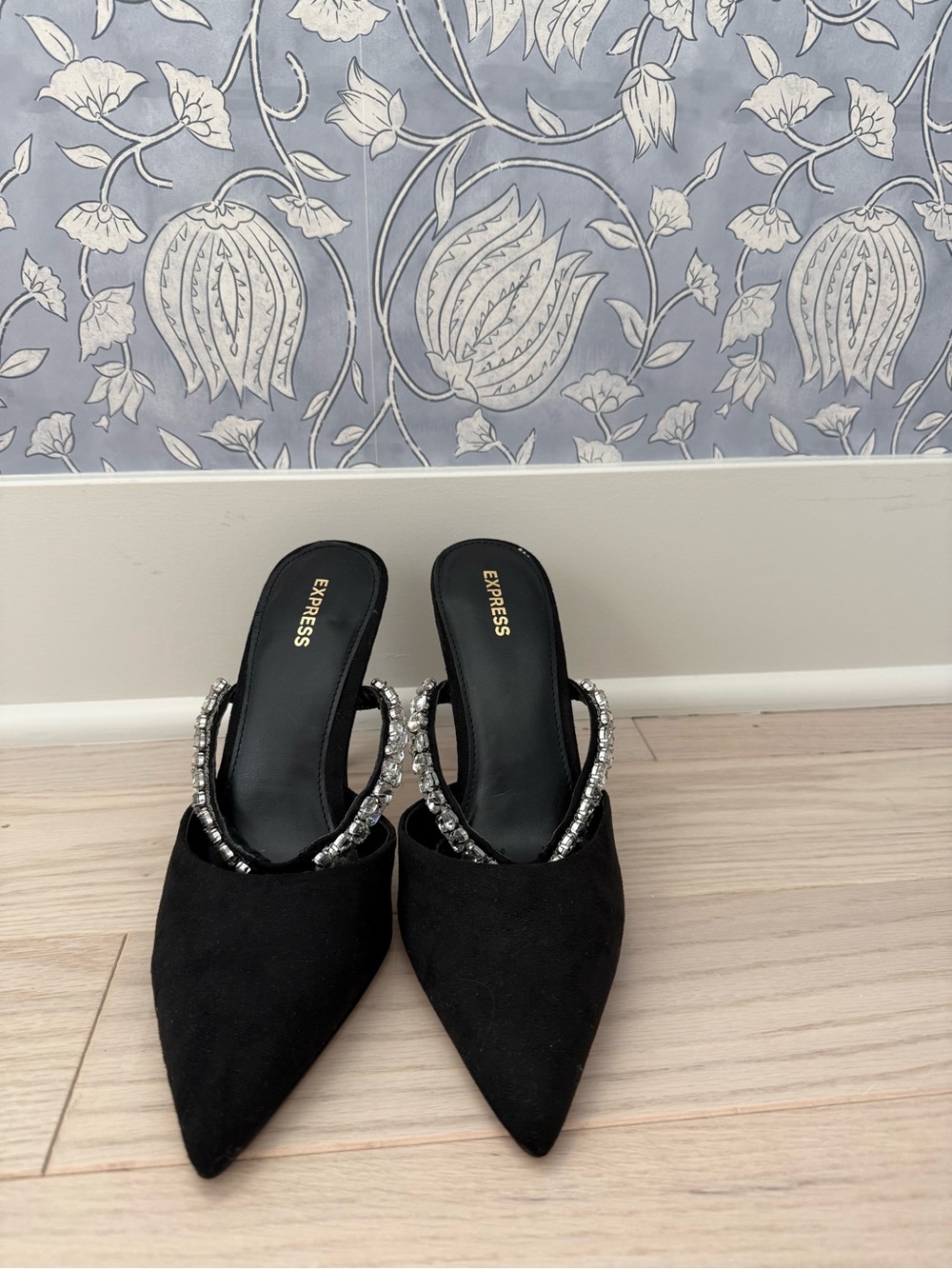 Express Black Pointed Toe Jeweled Mules